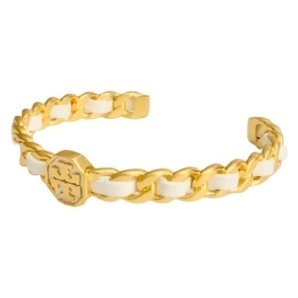 Tory Burch MARION Logo Woven Leather Cuff Chain Bracelet